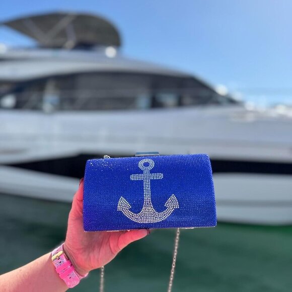 Luxurious Rhinestone Anchor Clutch Purse - Evening Handbag in Blue Glitter - Picture 6 of 6